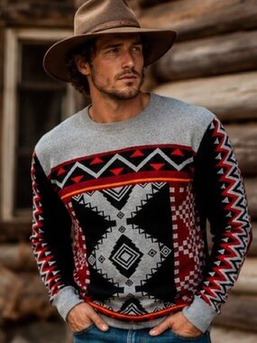 Vintage-Inspired Men’s Empyre Southwest Geometric Knit Crewneck Sweater Size L